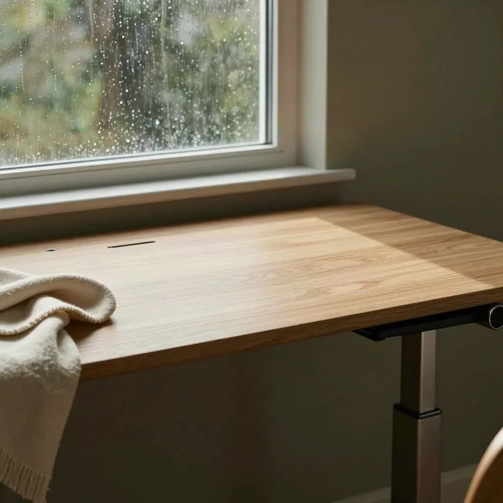 Heller Eichenschreibtisch mit Fensterregen, Decke und Metallgestell im ruhigen Homeoffice
