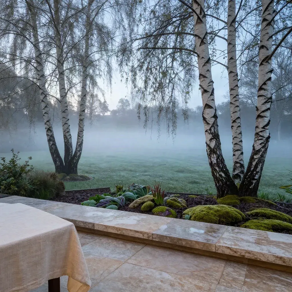 Birkenhain im Morgennebel von der Terrasse, mit Steintischkante und Leinenstuhl-Silhouette.