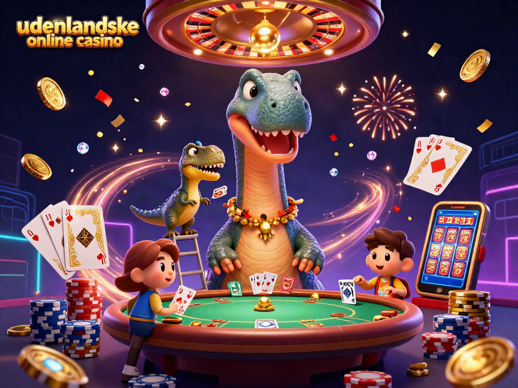Experience the thrill of udenlandske online casino with a vibrant 3D cartoon scene of casino elements.