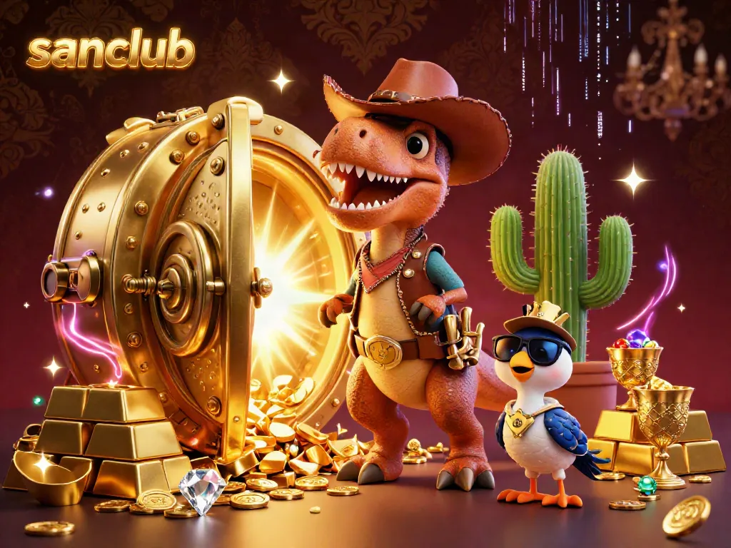 Engage in thrilling gameplay with sanclub's dynamic casino scene showcasing characters and treasures.