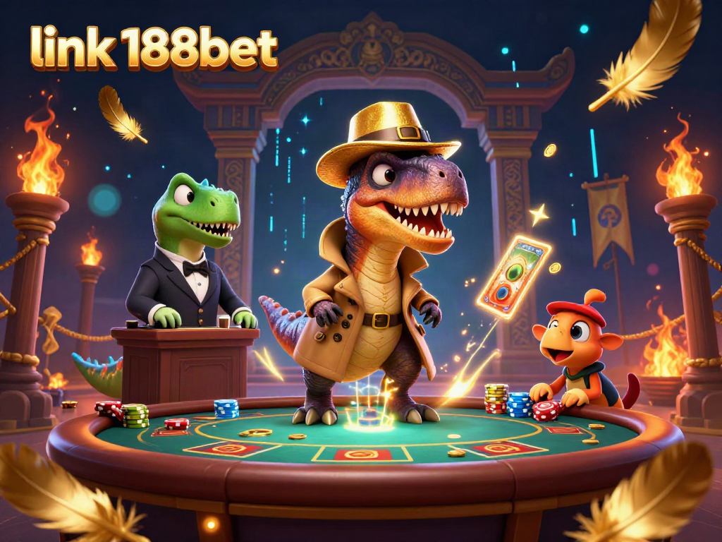 Experience the excitement of link 188bet as a velociraptor card counter navigates a blackjack table full of vibrant casino elements.