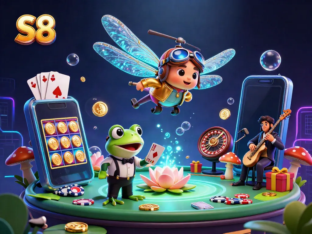 Experience S8's thrilling casino adventures with an ultra-detailed scene featuring unique characters and vibrant gaming elements.