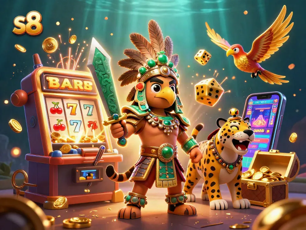 Experience thrilling s8 gameplay with an Aztec warrior and jackpot symbols in an exciting casino scene
