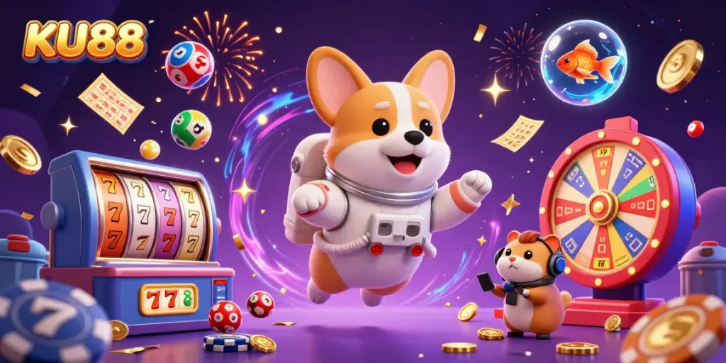 Experience the excitement of winning at KU88 in a dynamic casino-themed space station.
