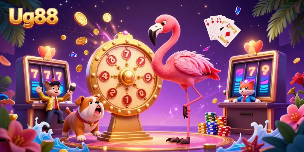 Experience the excitement of Ug88's vibrant casino scene with characters and dynamic game elements.