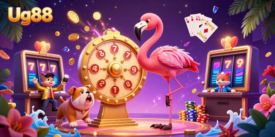 Experience the excitement of Ug88's vibrant casino scene with characters and dynamic game elements.