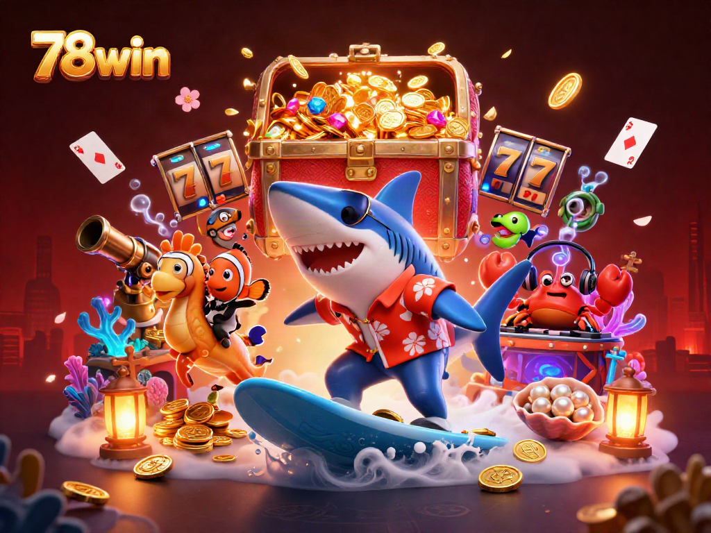 Join the adventure in 78win's vibrant casino world with our shark character surfing on gold coins.