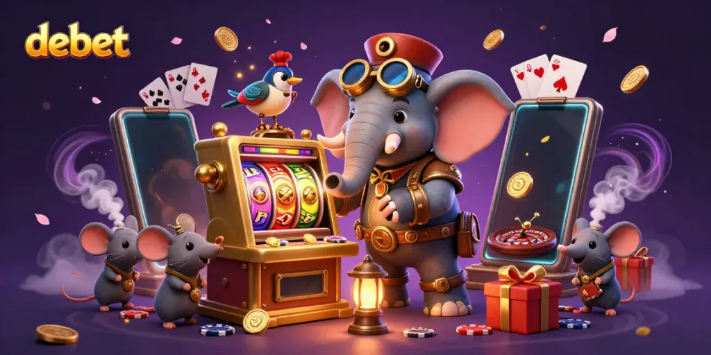 Experience the fun at debet with a steampunk elephant at a golden slot machine.