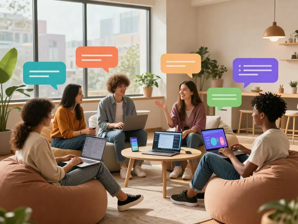 Free AI sex chat scene showcasing diverse individuals engaging in stimulating conversations in a cozy tech space.