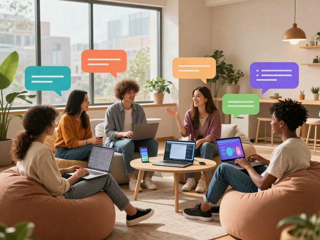 Free AI sex chat scene showcasing diverse individuals engaging in stimulating conversations in a cozy tech space.
