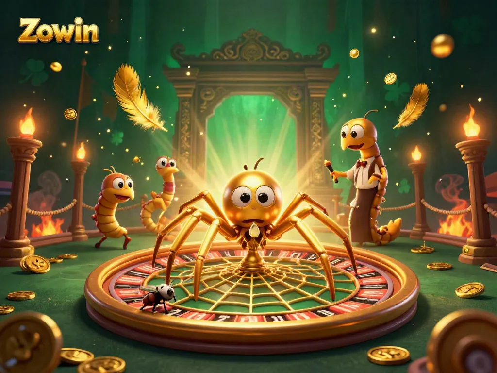 Zowin casino scene depicting a golden spider and fly at a roulette wheel with golden details and dynamic gaming elements