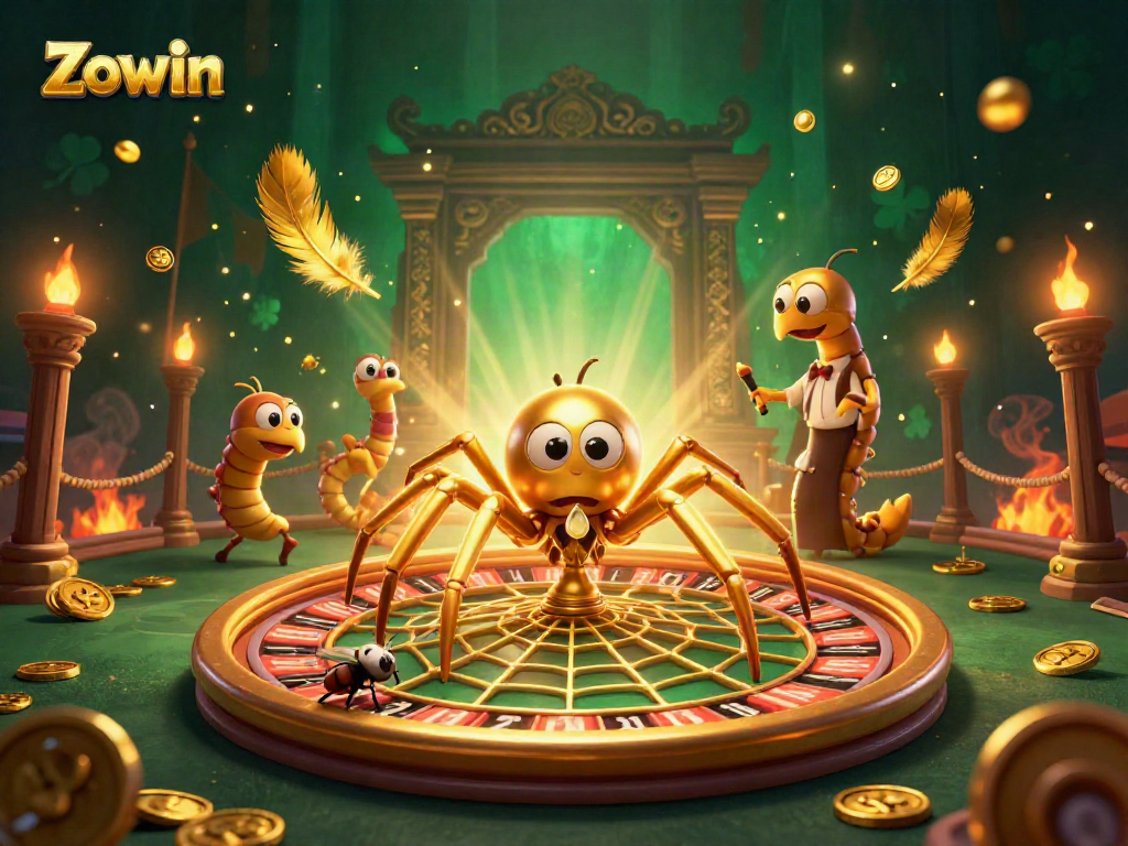 Zowin casino scene depicting a golden spider and fly at a roulette wheel with golden details and dynamic gaming elements