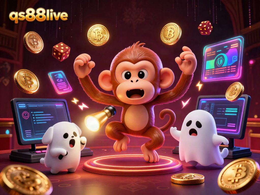 Experience qs88live's haunted casino scene with a playful poltergeist monkey and ghost-hunter puppy.