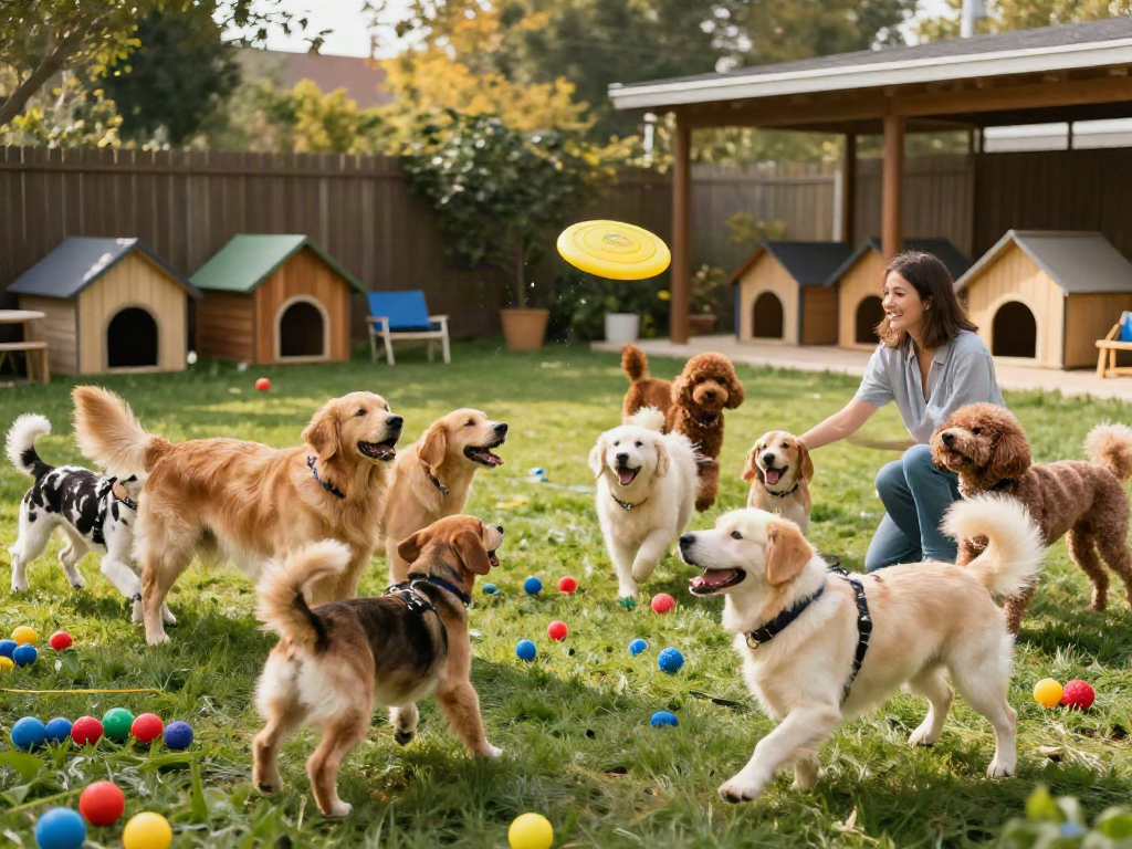 Dogs playing happily at a daycare, highlighting slot88 pet care services.