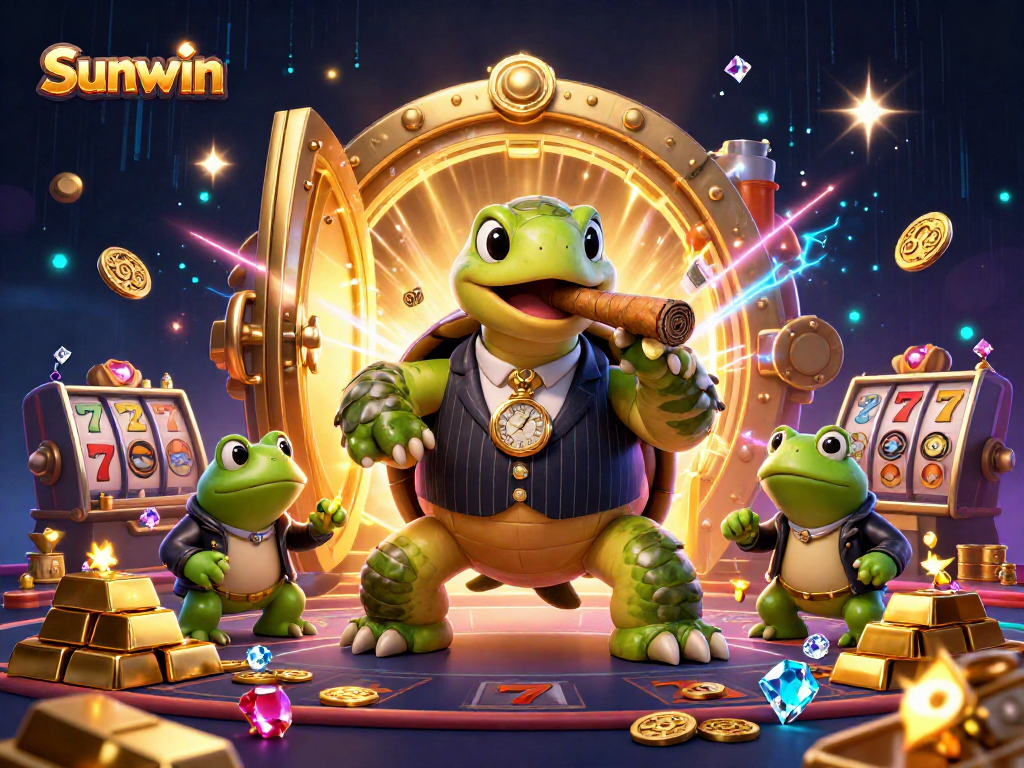 Experience excitement at Sunwin casino with a dynamic illustration showcasing vibrant gaming elements.