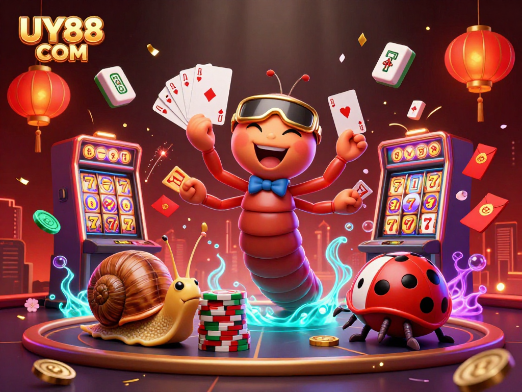 Engage in vibrant gameplay at UY88 COM with a lively casino scene featuring unique characters.