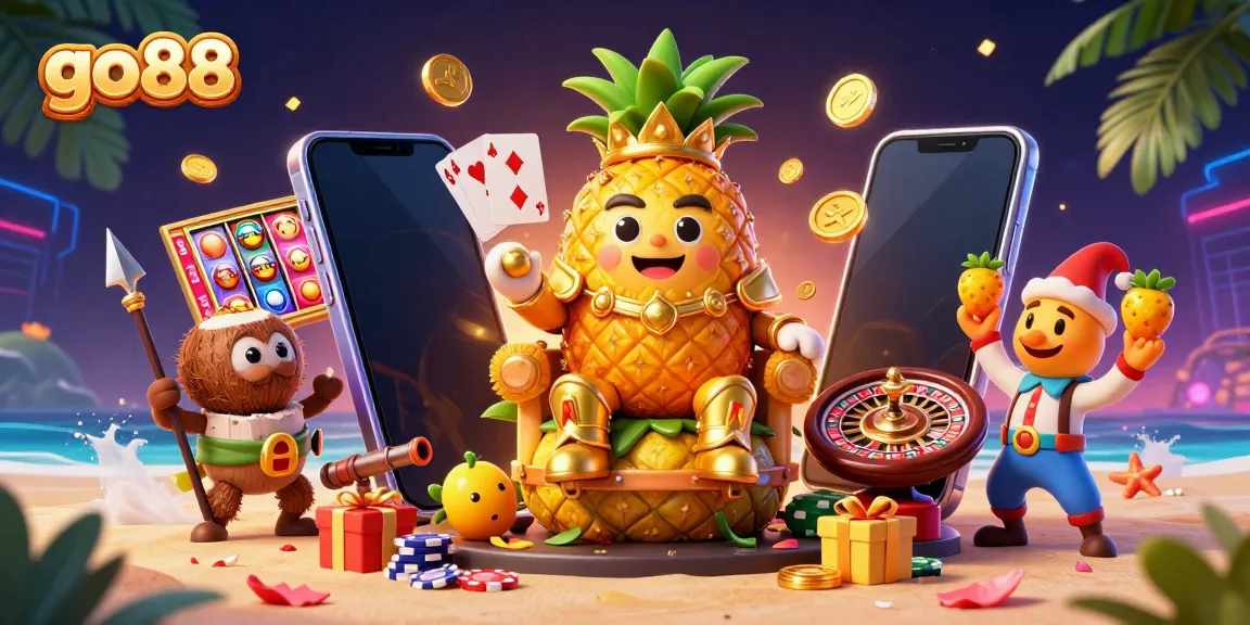 Engage with go88 in an ultra-detailed 3D casino illustration featuring a golden pineapple king and dynamic gaming elements.