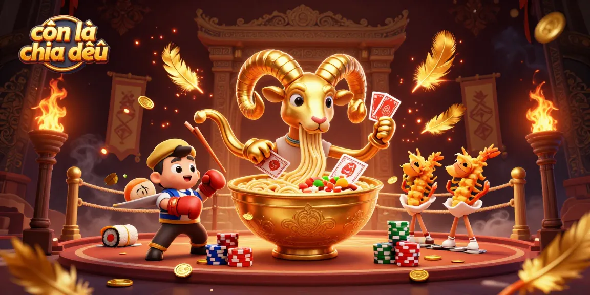 Win with còn lại chia đều in this vibrant casino-themed illustration showcasing unique characters.