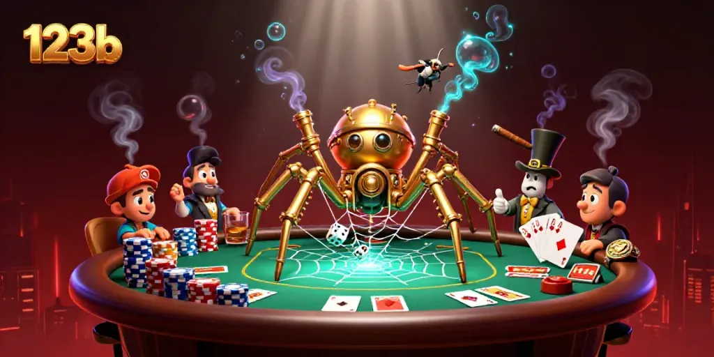 Poker scene with 123b branding featuring a steampunk spider and a trapped fly gentleman.