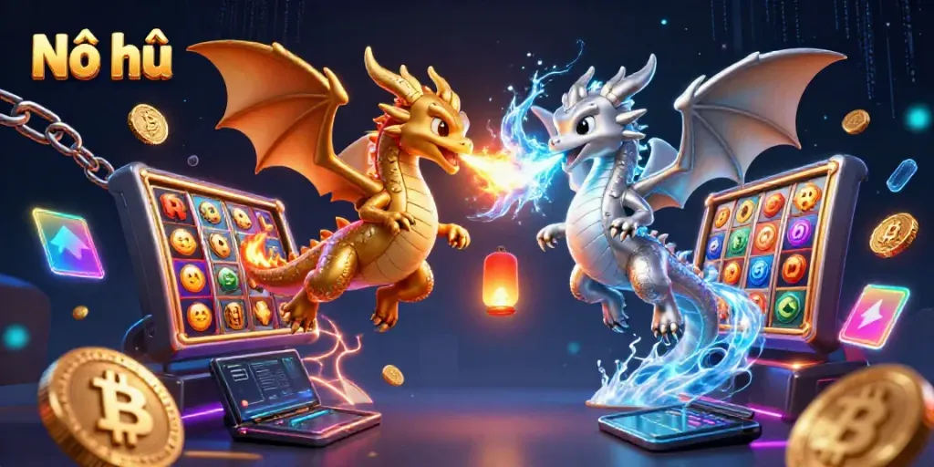 Nổ hũ: Engage with slot reels and vibrant dragons in an electrifying casino scene.