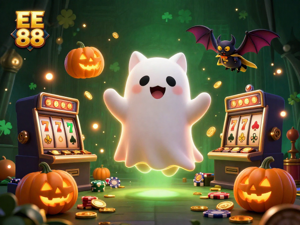 Engage in thrilling gaming with EE 88 as a ghost cat and bat animate a slot machine adventure.