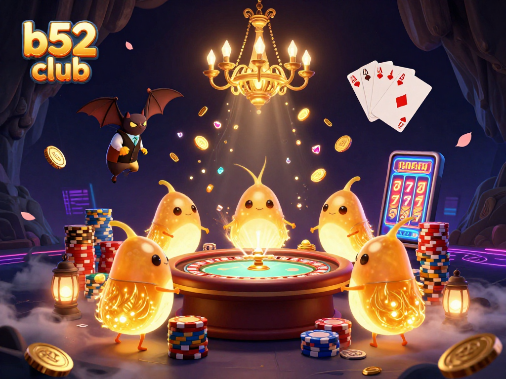 B52 Club players light up the casino with fun and excitement amidst golden coins and jackpots.
