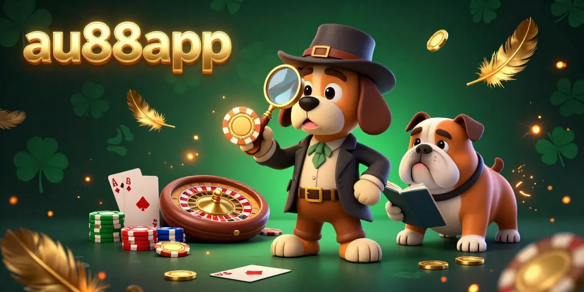 Engage with the vibrant world of au88app as the detective examines a poker chip clue while surrounded by dynamic gambling elements and treasure.