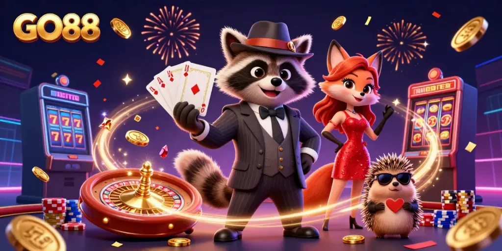 Experience excitement with GO88, featuring a raccoon and fox lady celebrating winnings in a vibrant casino scene.