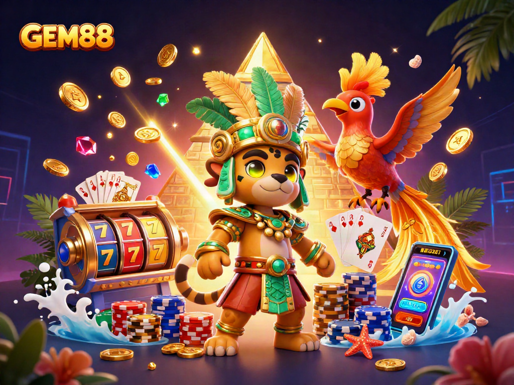 Experience GEM88's vibrant casino atmosphere with animated characters and thrilling game elements.