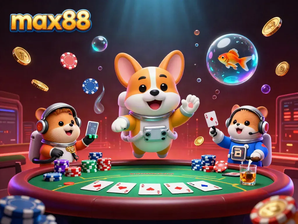 Experience the vibrant universe of max88, featuring a space casino with a corgi astronaut, chips, and glowing effects.