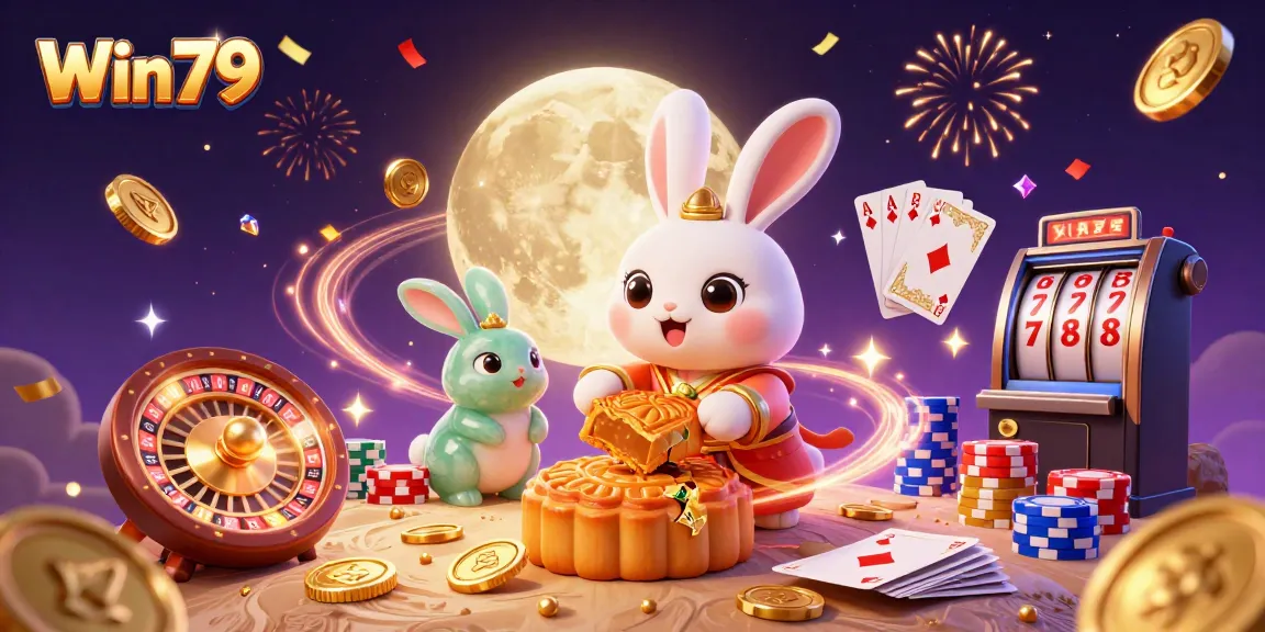 Experience thrilling gaming with Win79 as a moon rabbit and jade companion celebrate in a vibrant casino