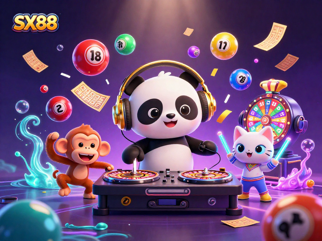 SX88 brings excitement with a DJ panda, breakdancing monkey, and glowing kitten amidst colorful gaming elements.