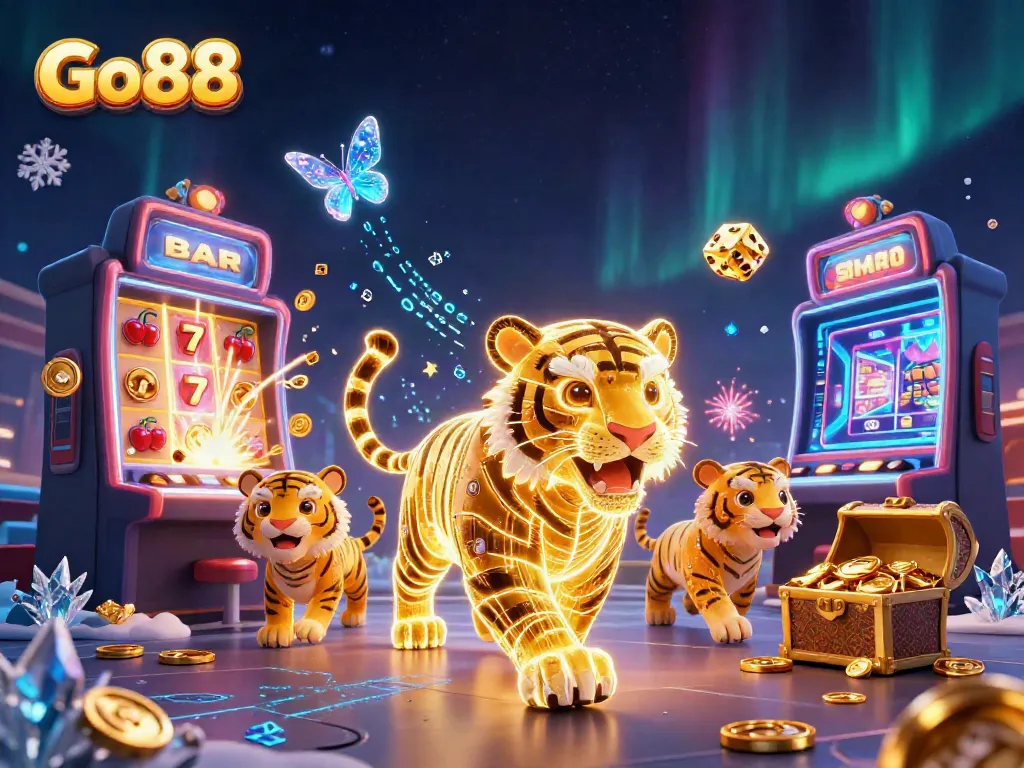 Immerse in the Go 88 casino experience with a illuminated tiger and spinning slot machine.
