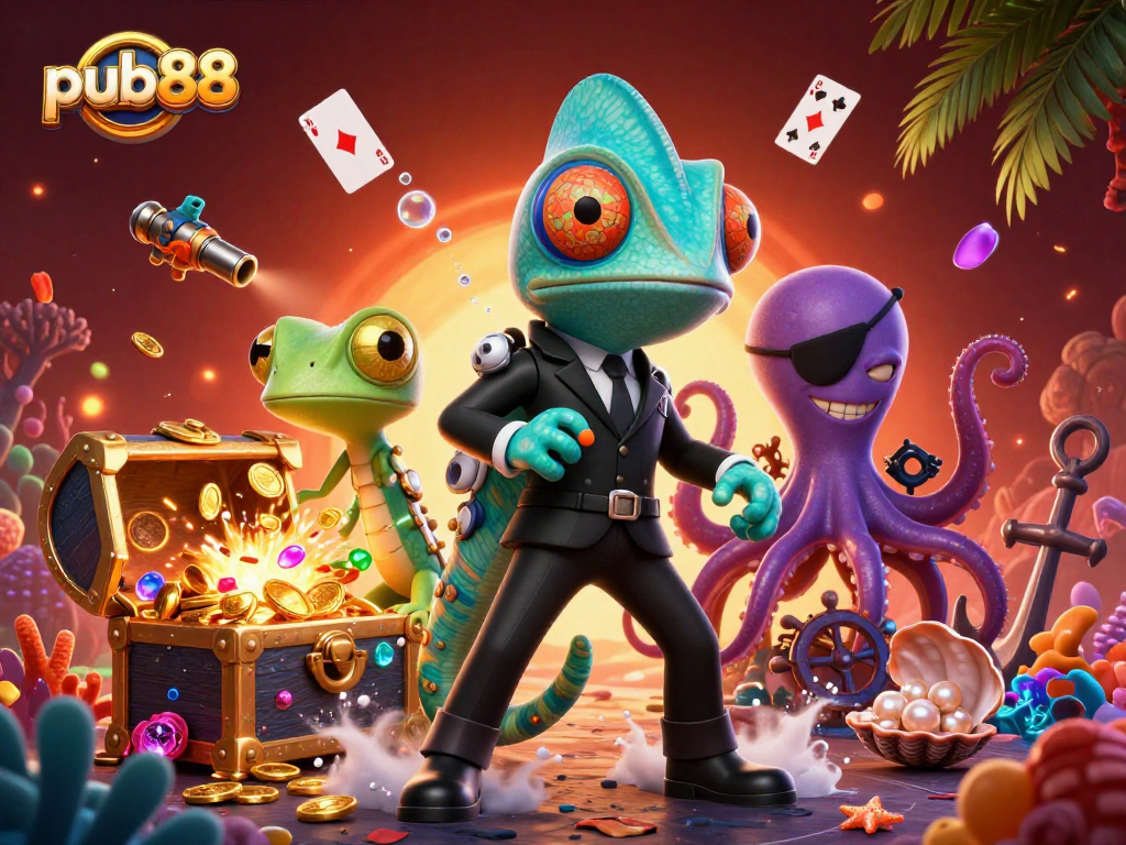 Experience the excitement at pub88 with vibrant casino characters and elements in a dynamic underwater scene.