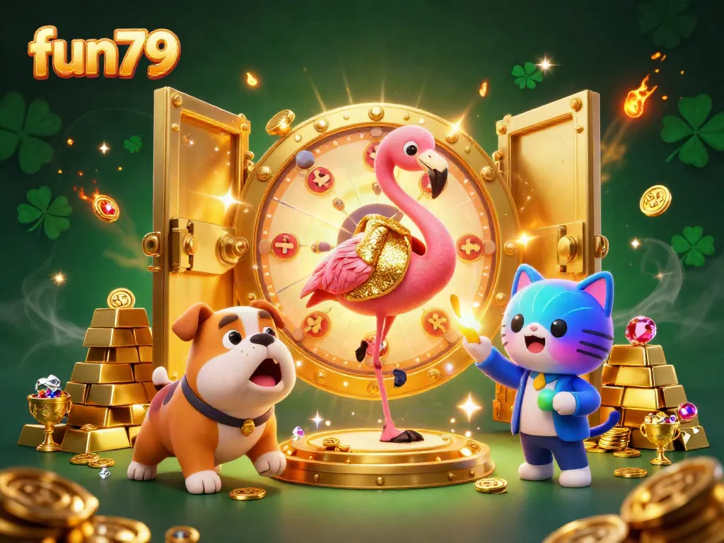 Win big with fun79 in this vibrant 3D illustration showcasing an exciting game show atmosphere.