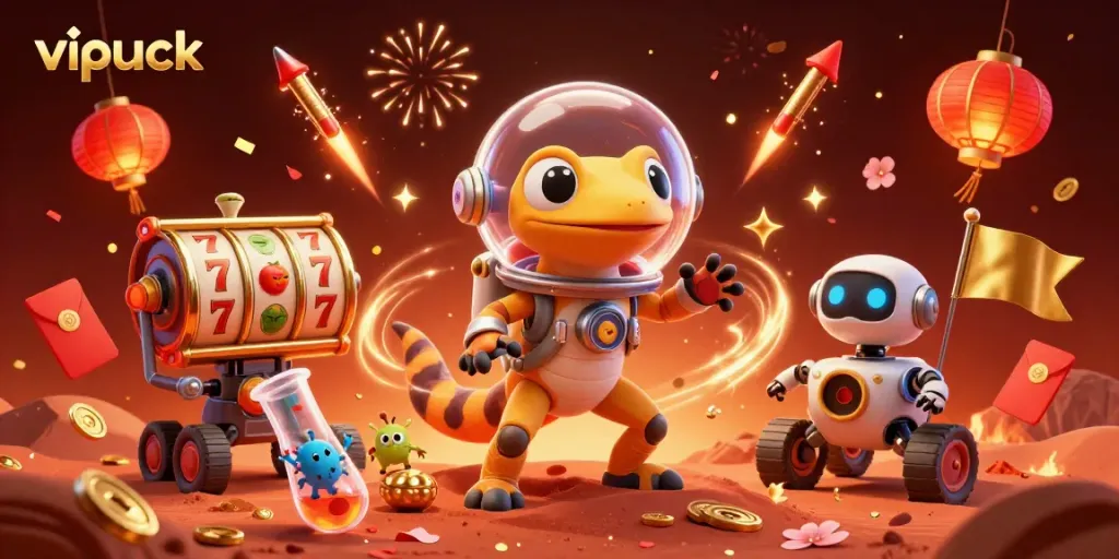 Experience the vibrant world of vipluck with a Martian gecko discovering a golden casino.