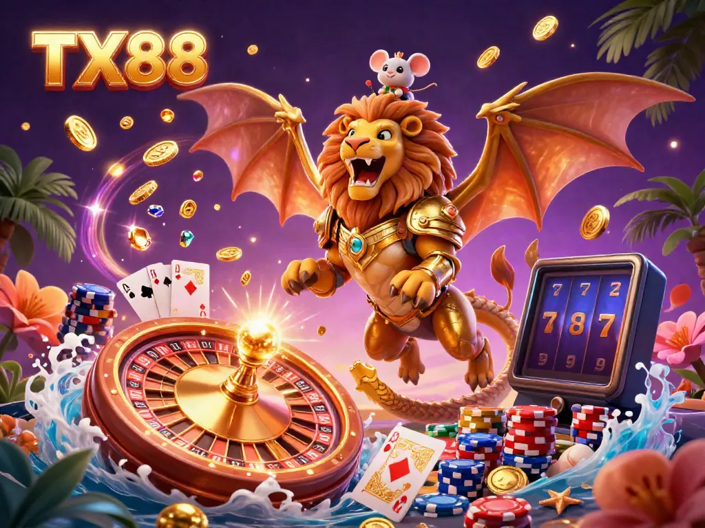 Experience the excitement of TX88 with a captivating chimera creature amidst golden tokens and casino elements.