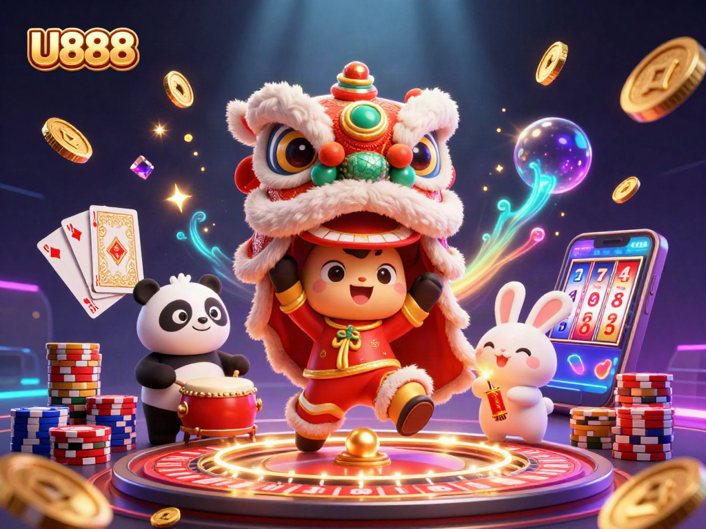 Engage with U888 as characters dance amid casino-themed visuals with lively colors and dynamic elements.