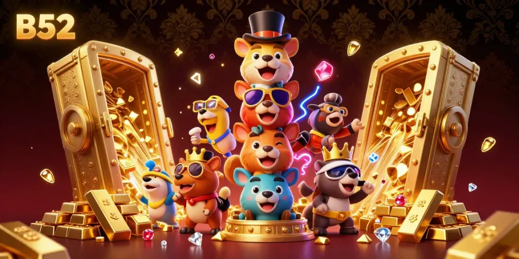 B52's vibrant casino world depicting a golden totem with jewels and treasure elements.