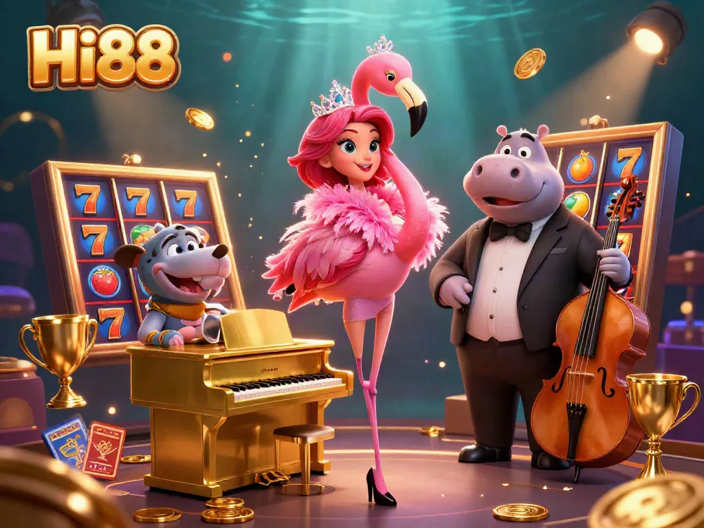 Experience Hi88's gaming excitement with vibrant slot machines and dynamic characters.