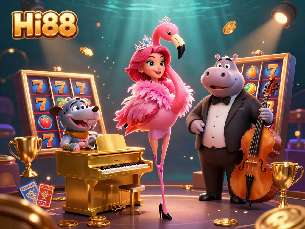 Experience Hi88's gaming excitement with vibrant slot machines and dynamic characters.