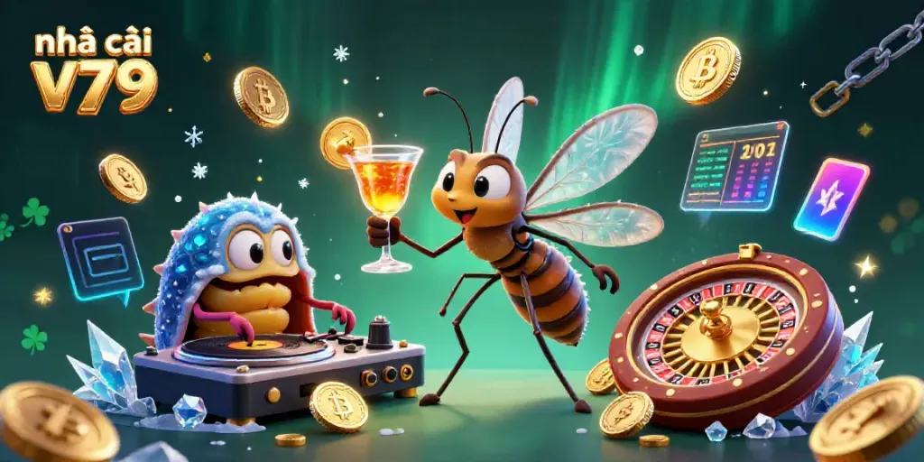 Engaging scene of nhà cái v79 with a casino mascot and crypto elements showcasing vibrant gambling action.