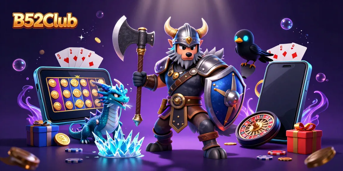 Experience the excitement of B52Club with a dynamic scene of a Viking warrior and fantasy elements in a gambling universe.