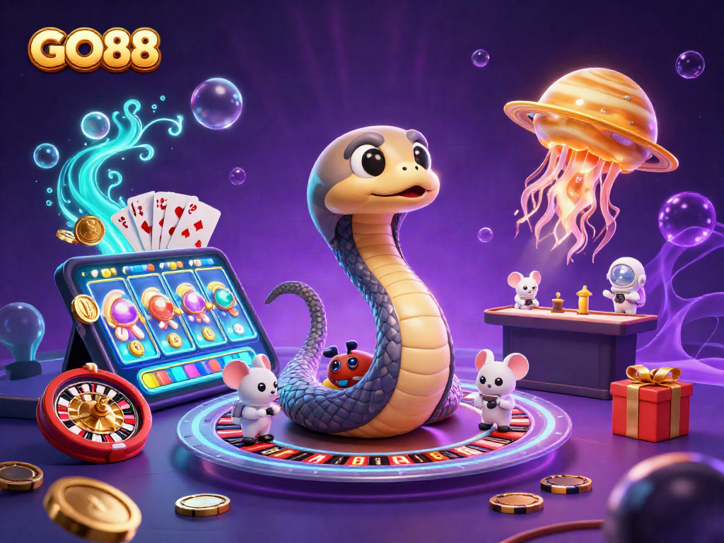 Experience GO88 with lively astronaut mice betting on a roulette wheel in a cosmic casino