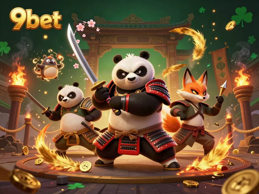 Experience thrilling wins at 9bet with a dynamic scene of Samurai Panda and Ninja Fox.