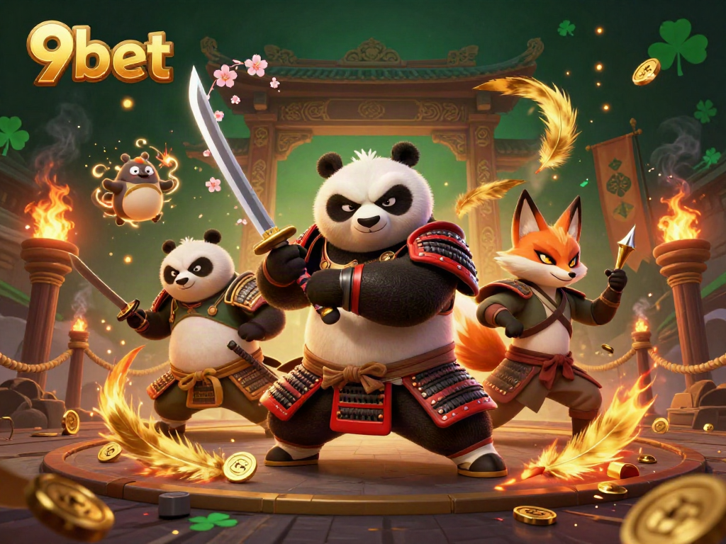 Experience thrilling wins at 9bet with a dynamic scene of Samurai Panda and Ninja Fox.