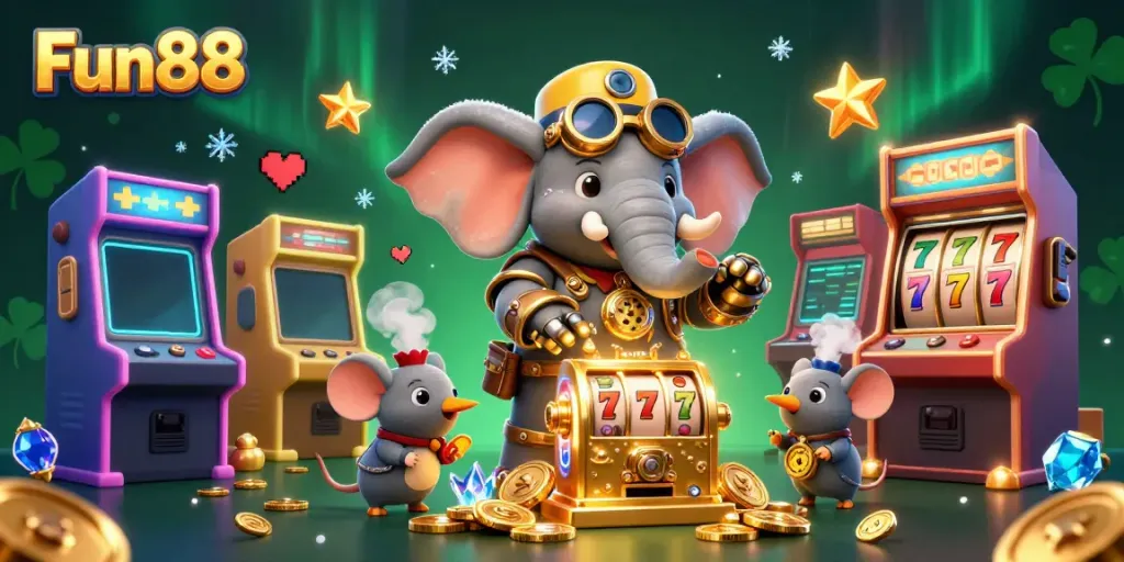 Experience thrilling wins at Fun88 with a dynamic casino scene featuring a steampunk elephant and vibrant game elements.