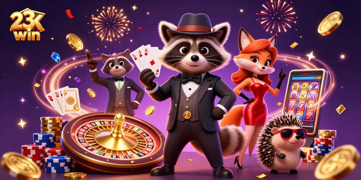 Experience vibrant 23win casino action with a suave raccoon, charming fox, and hedgehog bouncer in a festive scene.
