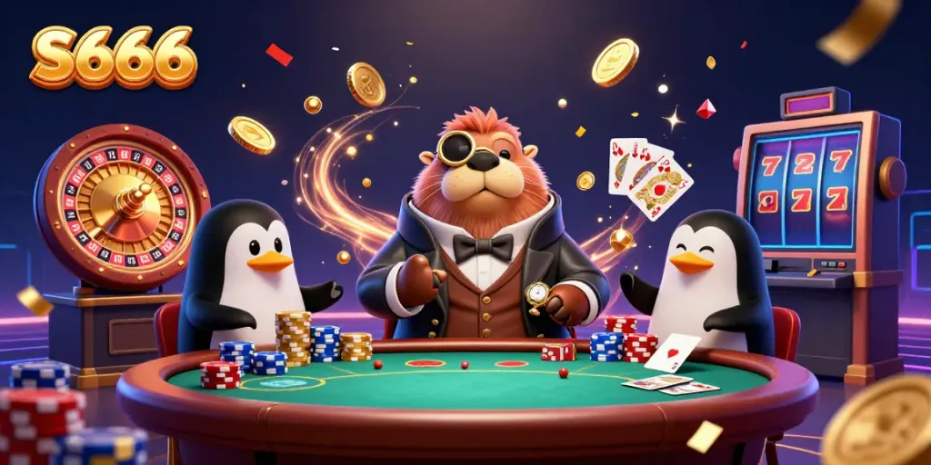 S666 brings excitement to underwater poker games, showcasing a walrus, penguin dealer, and pufferfish player in action.