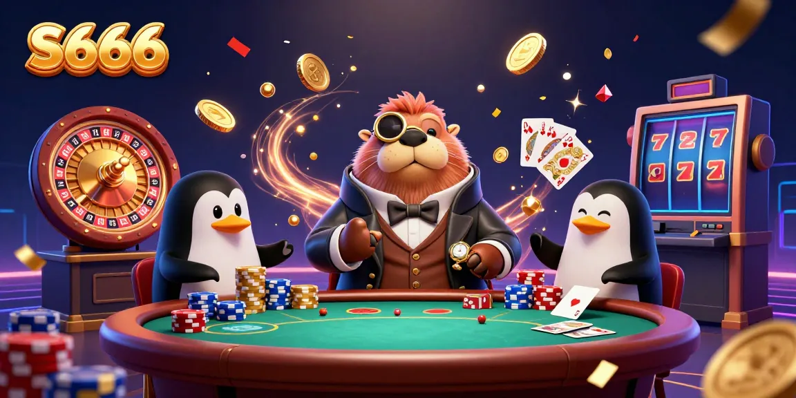 S666 brings excitement to underwater poker games, showcasing a walrus, penguin dealer, and pufferfish player in action.